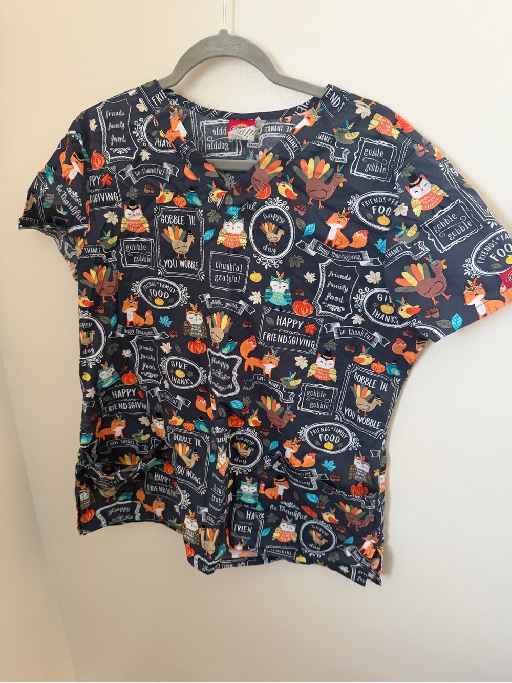 Dickies Navy Women’s Short Sleeve Scrub Top with Colorful Thanksgiving Prints